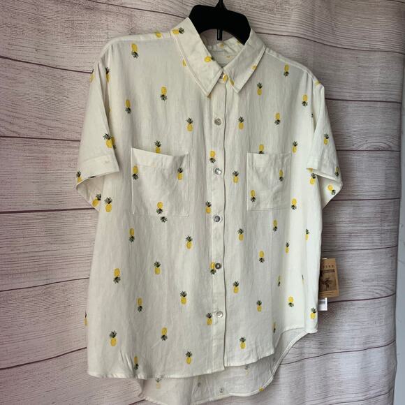 Rae Dunn Women's Linen Pineapple Print Button Up Shirt Short Sleeve Collar Large - Picture 14 of 16